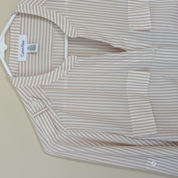 Calvin Klein Striped Button Tab Button Up Semi-Sheer Blouse MEDIUM White Tan - Picture 6 of 15